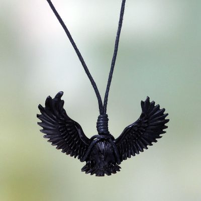 Men's horn pendant necklace, 'Black Garuda' - Men's Carved Black Water Buffalo Horn Pendant Necklace
