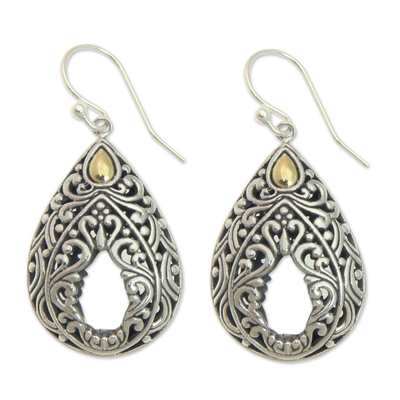 Gold accent dangle earrings, 'Balinese Lace' - Handcrafted Balinese Silver Dangle Earrings with 18k Gold