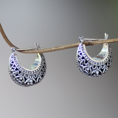 Sterling silver hoop earrings, 'Denpasar Crescent' - Artisan Crafted Sterling Silver Crescent Hoop Earrings