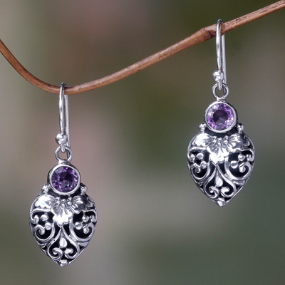Amethyst dangle earrings, 'Bali Strawberry in Purple' - Sterling Silver and Amethyst Gemstone Earrings from Bali
