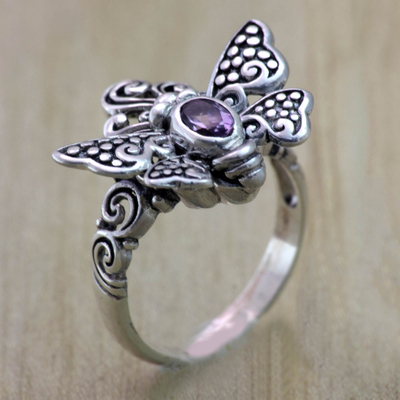 Amethyst cocktail ring, 'Monarch Queen' - Sterling Silver Butterfly Cocktail RIng with Amethyst