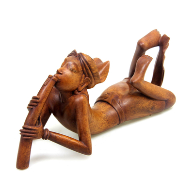 Wood statuette, 'The Flute Player' - Hand Carved Wooden Statuette of Balinese Flute Player