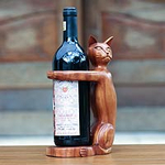 Hand Carved Wooden Cat Wine Bottle Holder, 'Wine-Loving Cat'