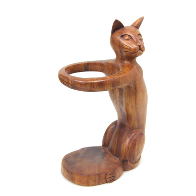 Wood bottle holder, 'Wine-Loving Cat' - Hand Carved Wooden Cat Wine Bottle Holder
