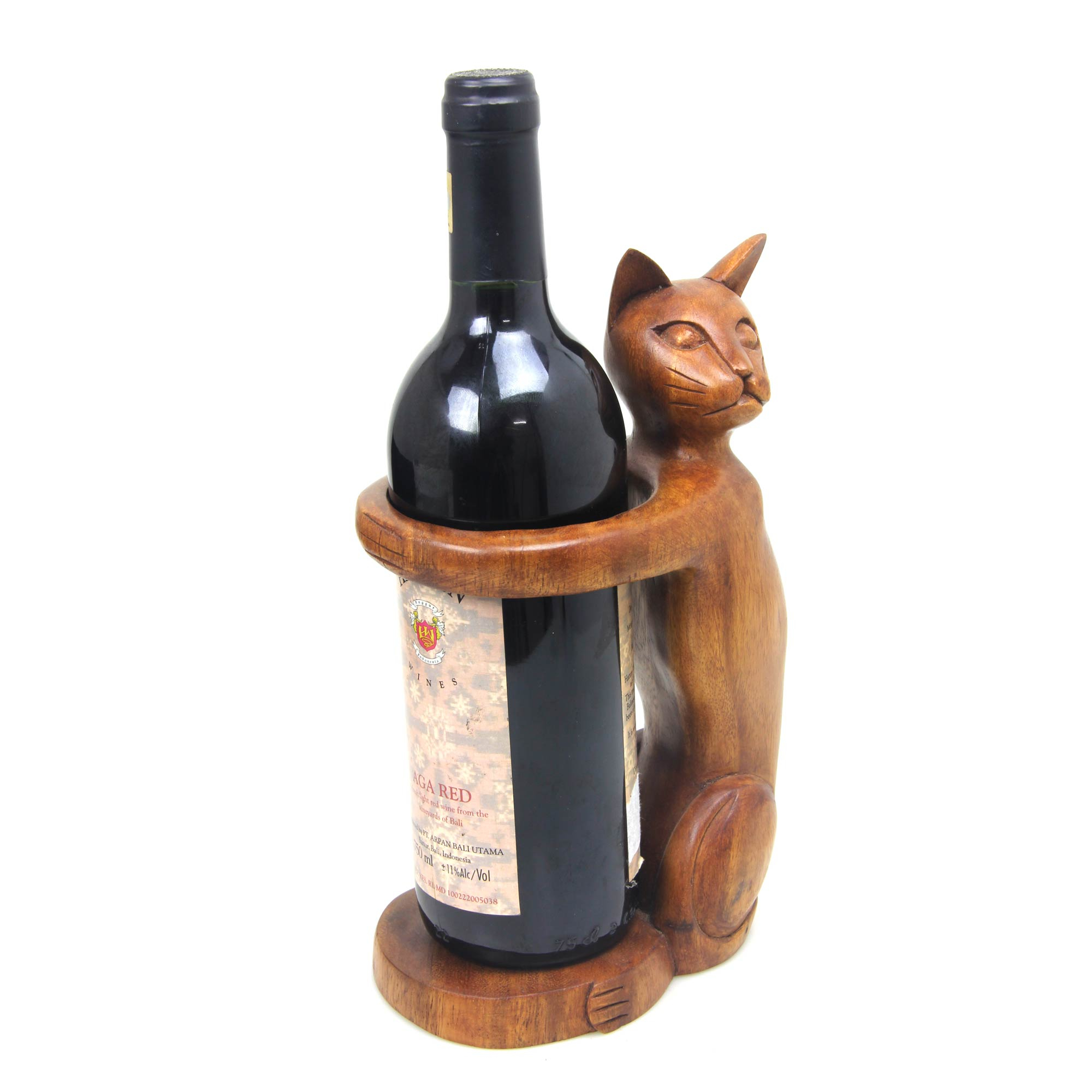 UNICEF Market | Hand Carved Wooden Cat Wine Bottle Holder - Wine-Loving Cat