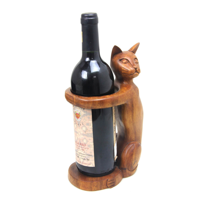 Portabotellas de madera - Soporte para botella de vino de gato de madera tallado a mano