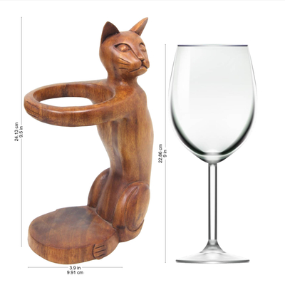 Wood bottle holder, 'Wine-Loving Cat' - Hand Carved Wooden Cat Wine Bottle Holder