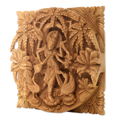 Panel en relieve de madera - Panel en relieve de madera tallada con el tema de la diosa hindú