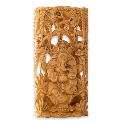 Wood relief panel, 'Lord Ganesha' - Natural Color Wood Lord Ganesha Relief Panel from Bali