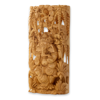 Panel en relieve de madera - Panel en relieve de madera de color natural Lord Ganesha de Bali