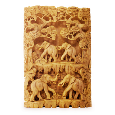 Wood relief panel, 'Jungle Romance' - Hand Carved Wood Relief Panel with Elephant Theme