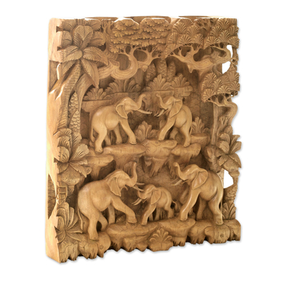 Wood relief panel, 'Sweet Memory' - Elephant Themed Handmade Wood Wall Relief Panel