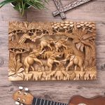 Wood relief panel, 'Jungle Frolic' - Fair Trade Handcrafted Elephant Wall Relief Panel