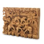 Wood relief panel, 'Jungle Frolic' - Fair Trade Handcrafted Elephant Wall Relief Panel