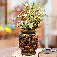 NOVICA Golden Bamboo Lacquered Wood Decorative Vase-