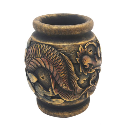 Antiqued Artisan Crafted Mahogany Wood Dragon Vase