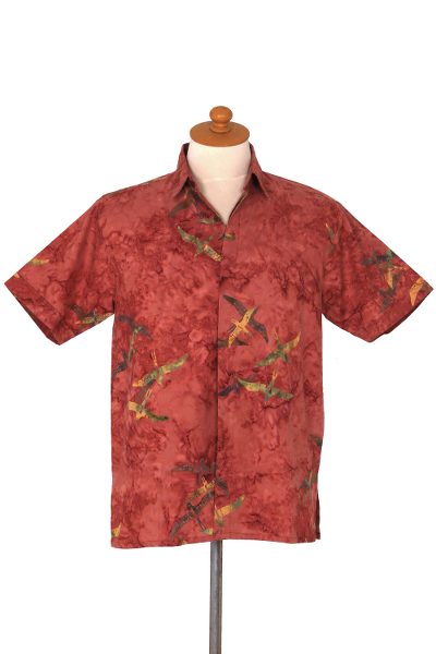 Men's cotton batik shirt, 'Terracotta Birds' - Men's Hand-Stamped Cotton Batik Short Sleeve Shirt