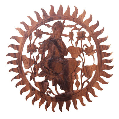 Wood relief panel, 'Relaxing Krishna' - Hand Carved Round Krishna Wood Relief Wall Panel from Bali
