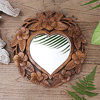Wood wall mirror, Frangipani Heart