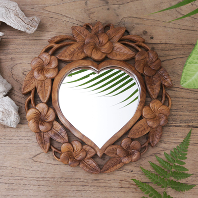 Wood wall mirror, 'Frangipani Heart' - Heart-Shaped Wood Wall Mirror with Floral Motif