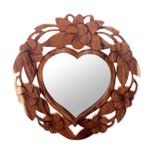 Wood wall mirror, 'Frangipani Heart' - Heart-Shaped Wood Wall Mirror with Floral Motif