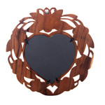 Wood wall mirror, 'Frangipani Heart' - Heart-Shaped Wood Wall Mirror with Floral Motif