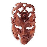 Wood mask, 'Lotus Woman' - Surreal Wood Wall Mask of Woman with Lotus Flowers