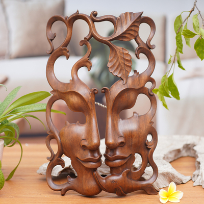 Wood mask, 'Three Good Relationships' - Handcrafted Wood Decor Wall Mask from Bali