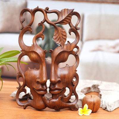 Wood mask, 'Three Good Relationships' - Handcrafted Wood Decor Wall Mask from Bali