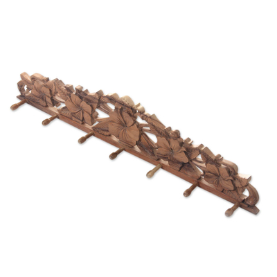 Wood coat rack, 'Hibiscus Blossoms' - Hand Carved Wood Coat Rack with Hibiscus Flower Motif
