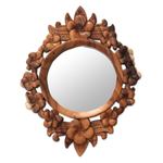 Wood framed wall mirror, 'Gianyar Moon' - Hand Carved Wood Round Floral Wall Mirror from Bali