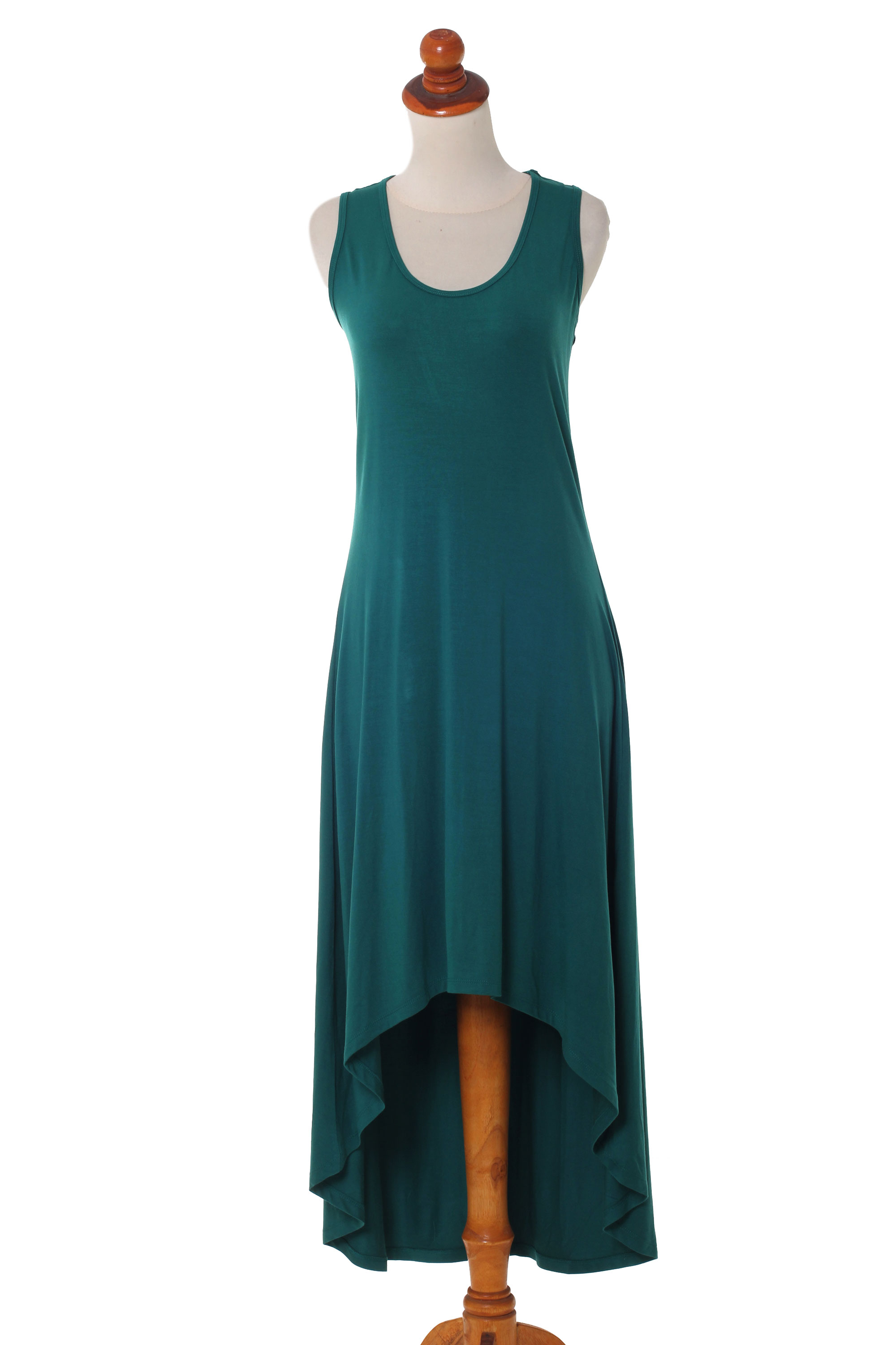 Green Sleeveless Modal Dress with High-Low Hem - Emerald Frangipani ...