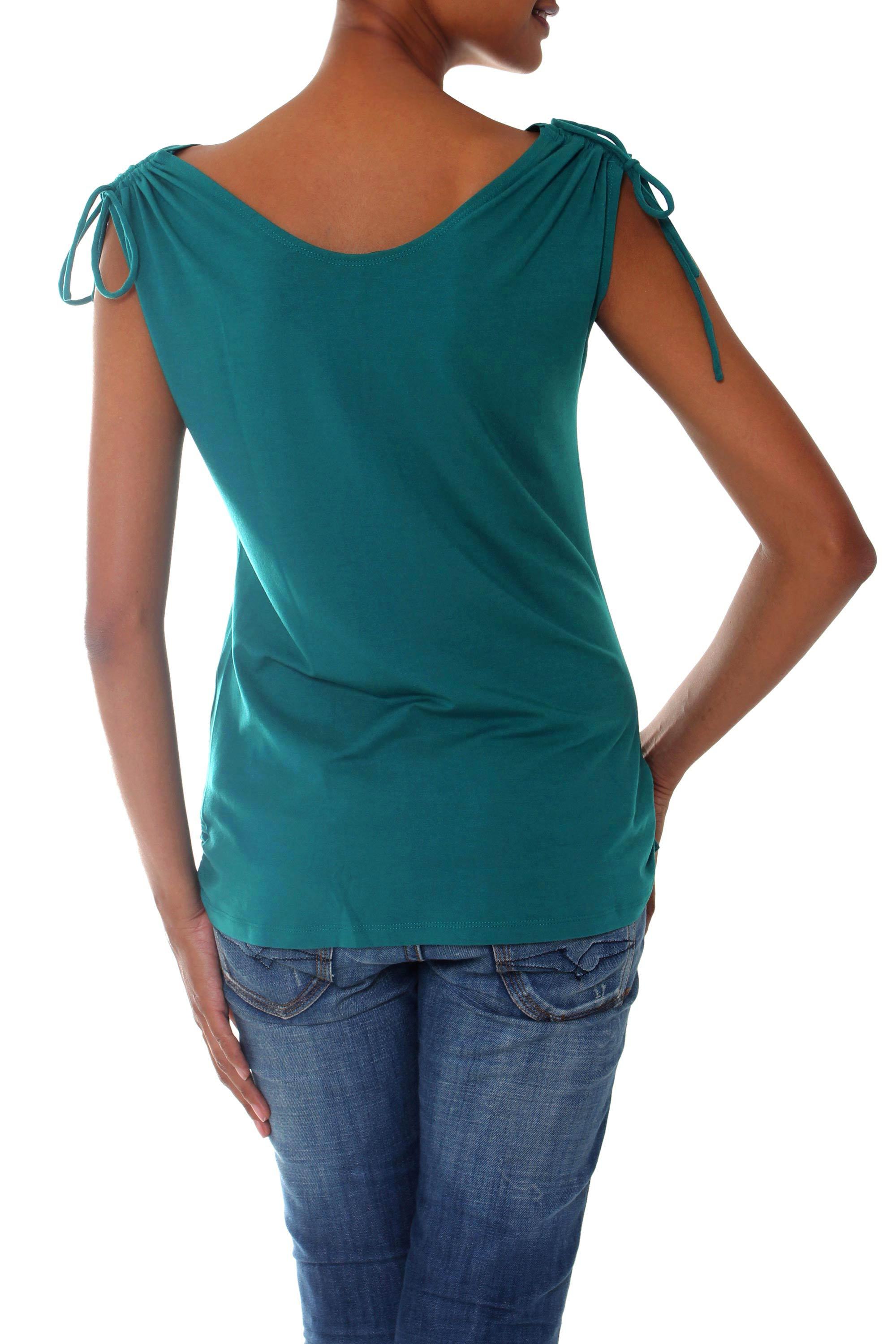 Ruched Green Sleeveless Modal Top with Vneck Ylang Ylang in Green