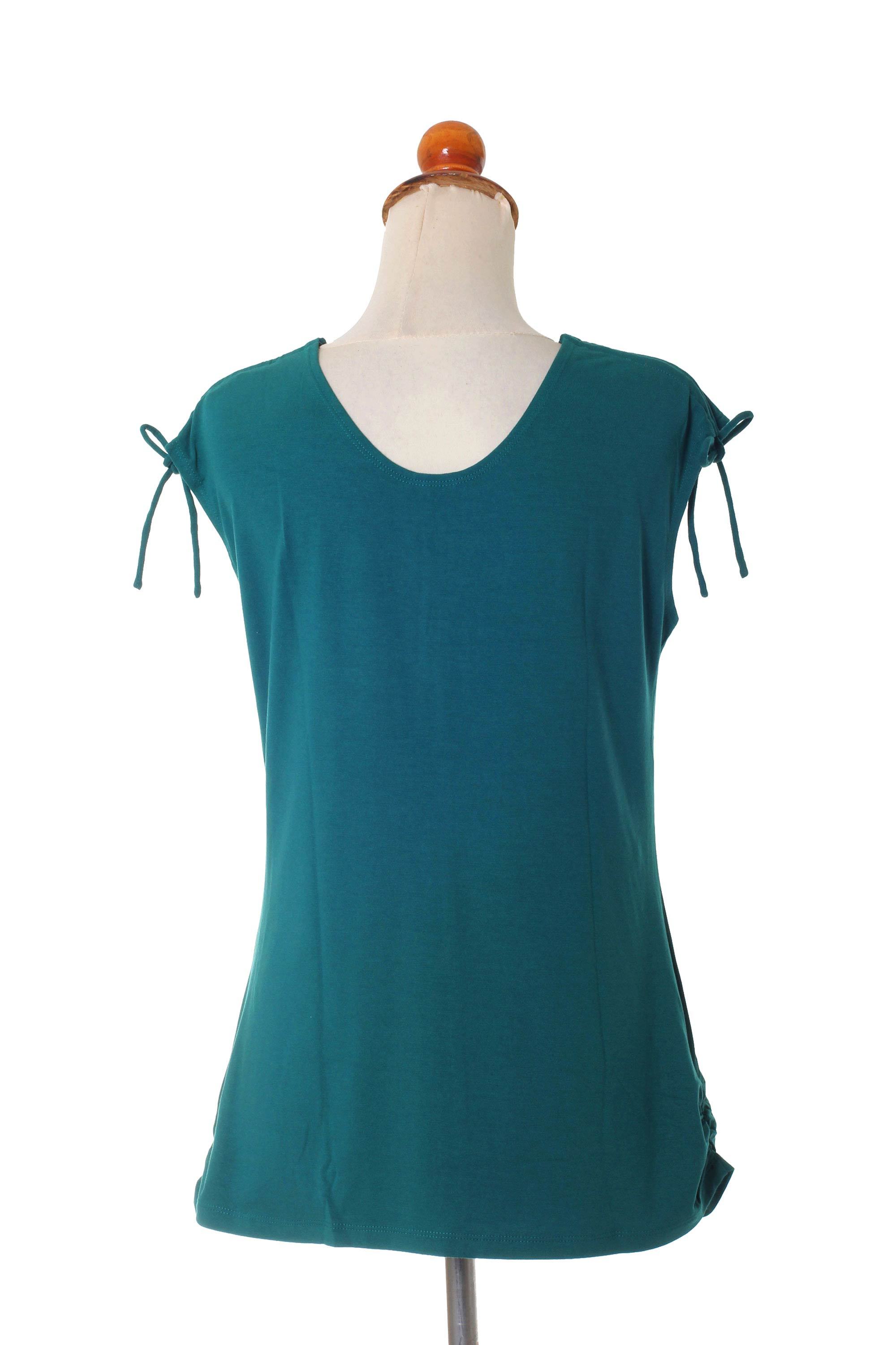 Ruched Green Sleeveless Modal Top with Vneck Ylang Ylang in Green
