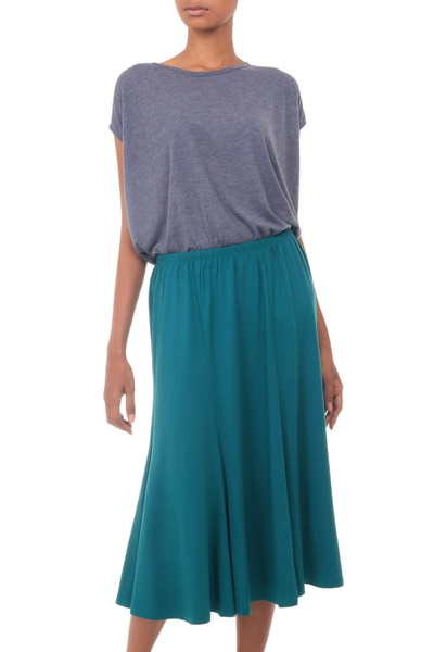 Flared Pull On Skirt in Green Modal from Indonesia - Green Orchid | NOVICA