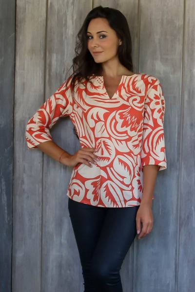Cotton tunic, 'Alexia in Persimmon' - Handcrafted Orange and Cream Tunic from Bali
