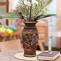 Decorative wood vase, 'Mystic Garden' - Indonesian Hand Carved Wooden Floral Vase