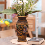 Decorative wood vase, 'Mystic Garden' - Decorative Hand Carved Wood Vase with Floral Motif