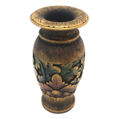 Decorative wood vase, 'Mystic Garden' - Decorative Hand Carved Wood Vase with Floral Motif