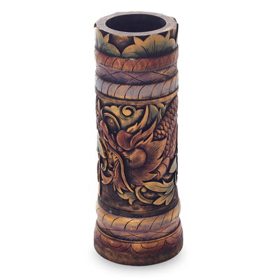 Jarrón de madera decorativo - Jarrón de madera hecho a mano con diseño de dragón de comercio justo.