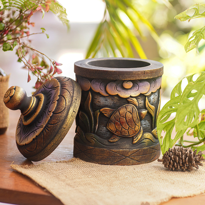 Decorative wood box, 'Turtle Paradise' - Handmade Mahogany Turtle Motif Lidded Box from Bali