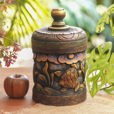 Dekorative Holzkiste - Handgefertigte Deckeldose aus Mahagoni mit Schildkrötenmotiv aus Bali