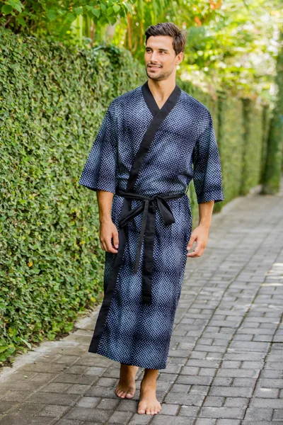 Men's cotton robe, 'Night Sea' - Hand Crafted grey and Black Cotton Print Robe for Men