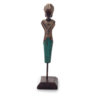 Wood sculpture on stand, 'Dadong' - Antiqued Wood Grandmother Figurine Sculpture on Stand