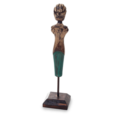 Wood sculpture on stand, 'Dadong' - Antiqued Wood Grandmother Figurine Sculpture on Stand