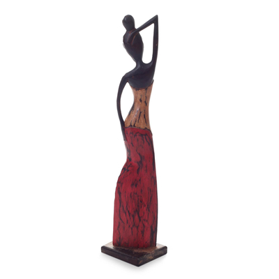 Wood sculpture, 'Ready To Go' - Distressed Wooden Figurine of Young Balinese Woman
