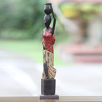 Wood sculpture, 'Back From River' - Artisan Handmade Wooden Figurine of Balinese Woman