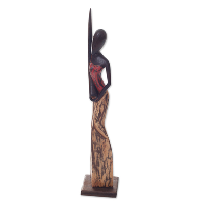 Holzskulptur - Handgefertigte Kunstskulptur einer Frau mit Didgeridoo