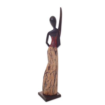Holzskulptur - Handgefertigte Kunstskulptur einer Frau mit Didgeridoo