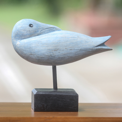 Wood statuette, 'Camar Perak' - Fair Trade Handcrafted Wooden Bird Sculpture on Stand